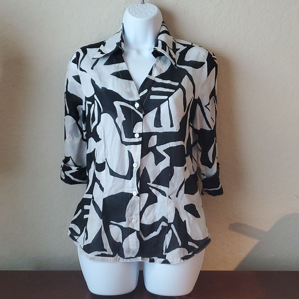 Apriori Modern Abstract Print Button Down Top Mid-Sleeve Blouse w corset back-8